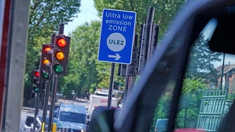 A sign for the ultra-low emissions zone in Lewisham, south London, August 2023.