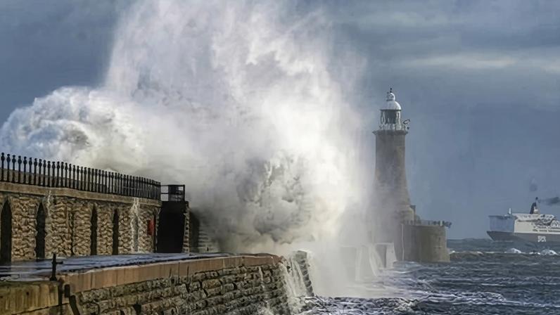 Waves crash over Tynemouth pier in north-east England. Sea levels were rising at 2mm a year before 2015 but the rate reached 4.3mm a year by 2023.