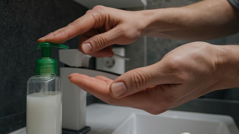 A man's hands at a bathroom sink. One hand is about to press the pump-action dispenser on a bottle of liquid soap. The other hand is cupped to catch the soap