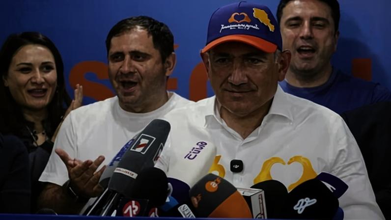 The Armenian prime minister, Nikol Pashinyan, speaks to the media after parliamentary elections.