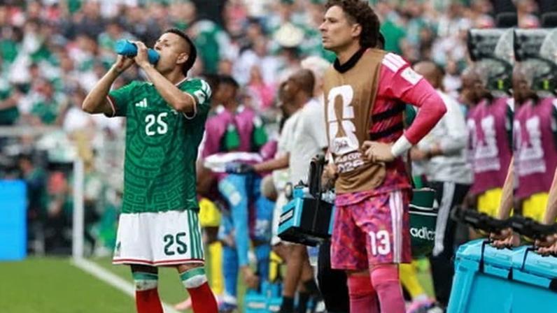 Mexico's Roberto Alvarado drinks from a bottle while substitute Guillermo Ochoa stands nearby