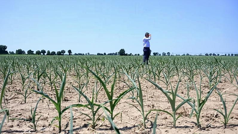 A man checks for damaged corn in Cremona, northern Italy, in June. The European heatwave has exposed the risks to food production caused by the climate crisis.