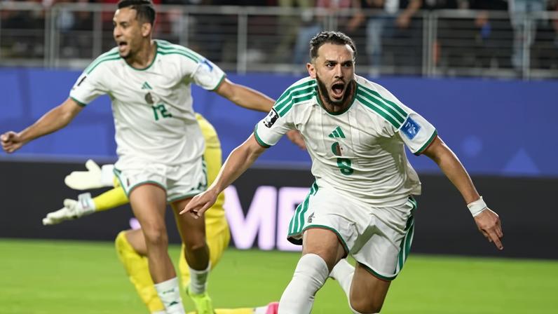 Algeria's Amine Gouiri celebrates scoring his side's second goal against Jordan during the World Cup Group J match.