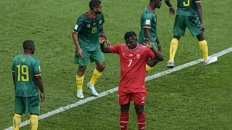 Breel Embolo after scoring for Switzerland in 2022 against the country of his birth, Cameroon.