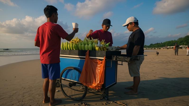 A taste of paradise … beachside barbecued corn sellers are commonplace in India and, here, in Indonesia.