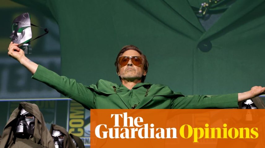 Master of the universe … Robert Downey Jr unmasked himself at San Diego Comic Con in 2024 to reveal that he will play Doctor Doom.