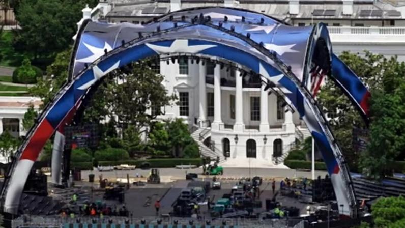 Construction continues on the arena on the South Lawn of the White House for a future UFC fight, on 6 June.