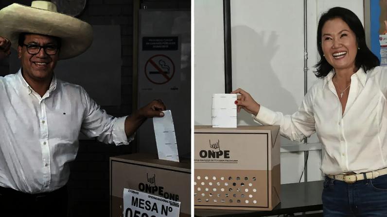 A montagem mostra os candidatos à presidência do Peru, Roberto Sánchez (à esquerda), do partido Juntos por el Perú, e Keiko Fujimori, do Fuerza Popular, em 12 de abril de 2026.
