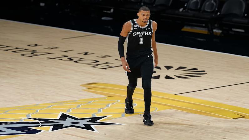 Jun 3, 2026; San Antonio, Texas, USA; San Antonio Spurs forward Victor Wembanyama (1) walks back up the court during the fourth quarter during game one against the New York Knicks of the 2026 NBA Finals at Frost Bank Center. Mandatory Credit: Daniel Dunn-Imagn Images