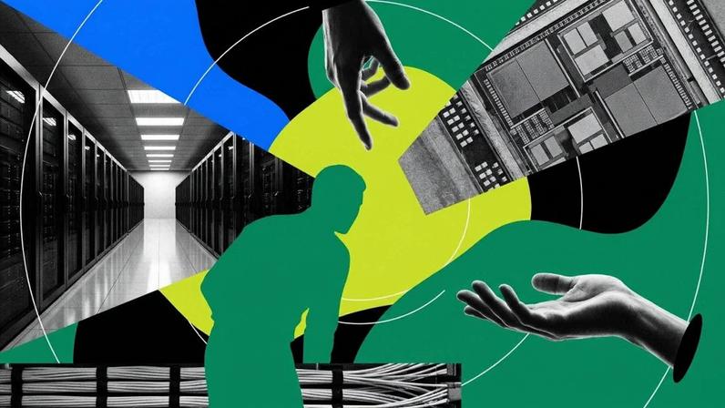 Ilustração em colagem reúne servidores, chips eletrônicos, cabos e mãos humanas em composição abstrata nas cores verde, azul e preto.