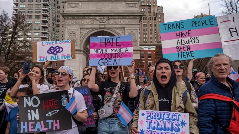 A rally for Trans Day of Visibility in Washington Square Park in New York City on 31 March 2025.