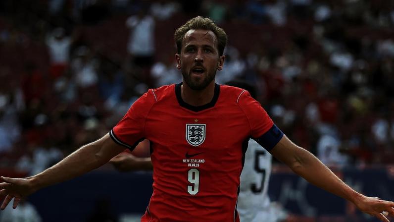 Harry Kane celebrates his goal against New Zealand – his 67th of the season.