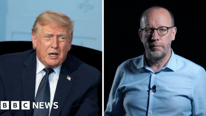 Split screen of Trump in a dark suit and BBC correspondent in a blue shirt in a studio.