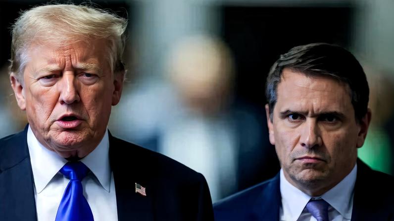 O presidente dos EUA, Donald Trump (à esquerda), e Todd Blanche, então advogado do presidente dos EUA, Donald Trump (à direita), falam com membros da imprensa após a leitura do veredicto no tribunal criminal de Manhattan, em Nova York, EUA, na quinta-feira, 30 de maio de 2024