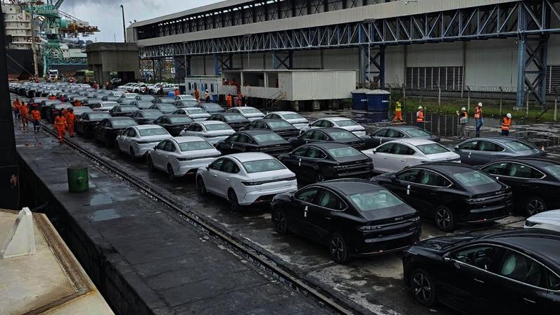 Filas de sedans zero-quilômetro brancos e pretos em cais. Trabalhadores preparam veículos para embarque ou desembarque.
