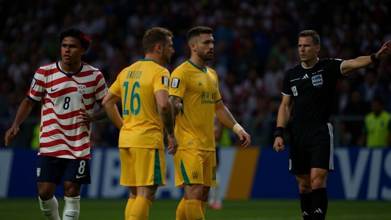 Referee Felix Zwayer gestures during a VAR review after an offside decision during the World Cup Group D match between USA and Australia.