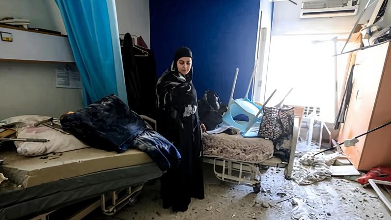 A hospital room damaged by an Israeli airstrike in Tyre, southern Lebanon. The World Health Organization has called for the attacks to stop.