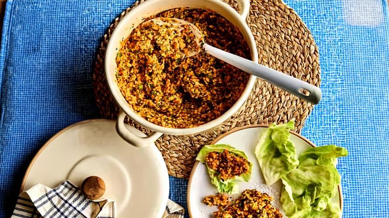 Anissa Helou’s green bulgur wheat ‘risotto’ (AKA *mafrükeh*). Photograph: Phoebe Pearson/The Guardian. Food styling: Hanna Miller. Prop styling: Lucy Turnbull. Food styling assistant: Thea Hudson