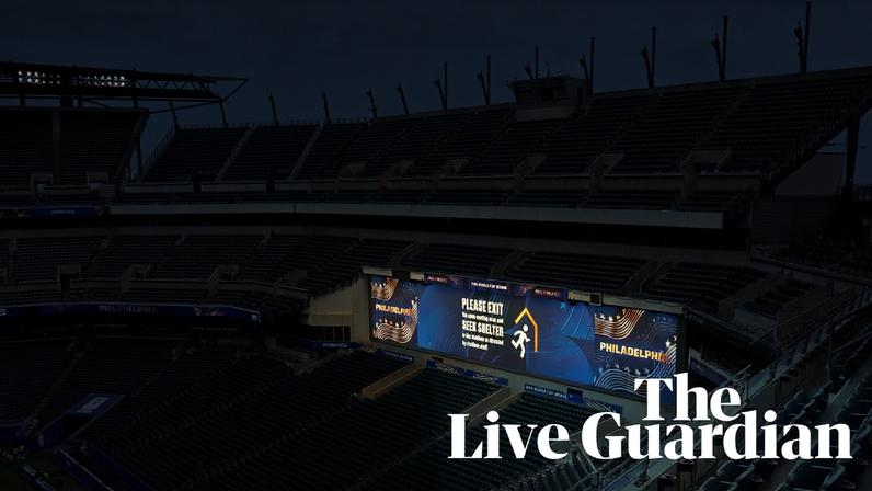 A view of weather warnings displayed on a big screen inside the stadium before France’s World Cup game with Iraq.