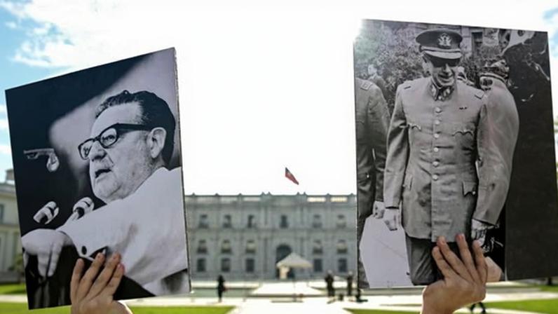 Pictures of Salvador Allende (left) and Augusto Pinochet in Santiago.