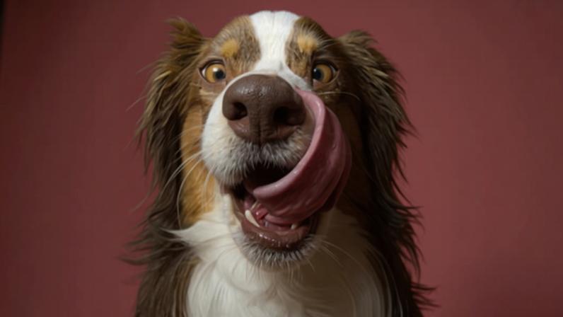 Australian shepherd puppy dog eating and licking its lips with tongue
