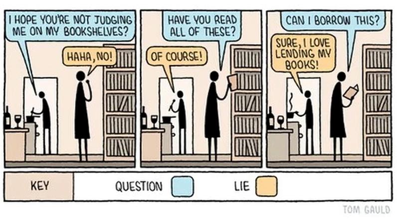 Tom Gauld aborda mentiras em livros em cartoon