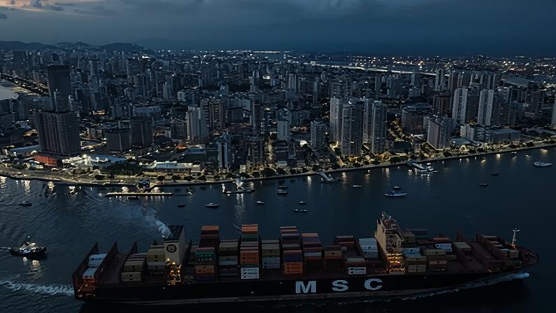 A container ship approaches the port of Santos in Brazil, on 1 April 2025.