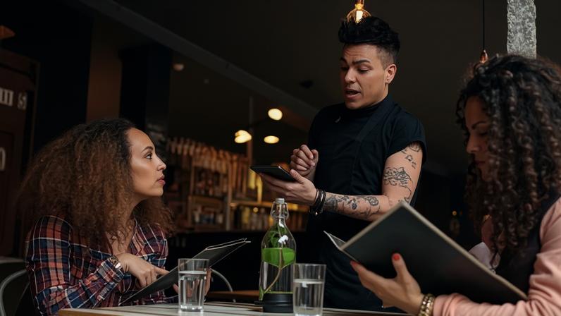 A waiter with tattoos holding a tablet takes an order from two smiling customers in a restaurant