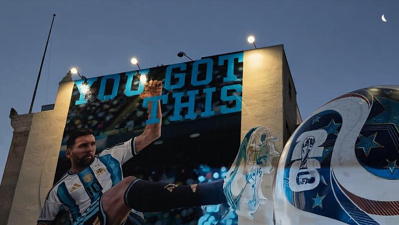 An mural depicting Lionel Messi kicking a giant World Cup football is shown on the side of a building in Los Angeles.