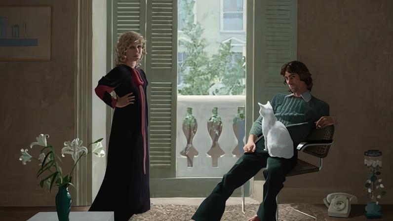 A woman in a long purple dress stands while a man sits in a chair holding a white cat. Mr and Mrs Clark and Percy, 1970-71. Photograph: Jonathan Wilkinson