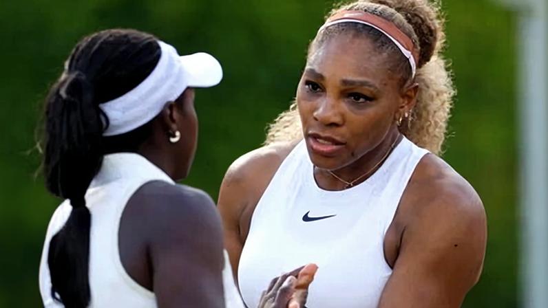 Serena Williams (right) and Victoria Mboko celebrate a point as they take on Nicole Melichar-Martinez and Erin Routliffe.