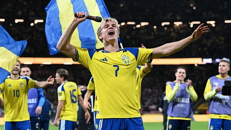 Lucas Bergvall celebrates with the fans after winning their playoff with Poland. Photograph: Jonathan Nackstrand/AFP/Getty Images