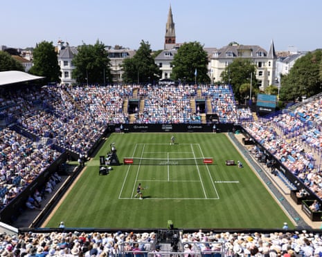 Jack Draper on his way to victory over Marcos Giron of the USA in the first round at Eastbourne.
