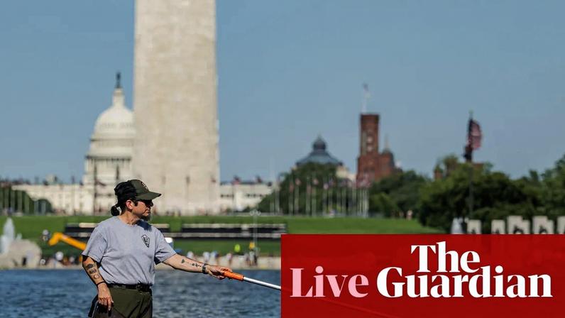 Workers remove algae from the Lincoln Memorial reflecting pool in Washington, DC, as crews continue maintenance and water quality efforts at the iconic landmark.