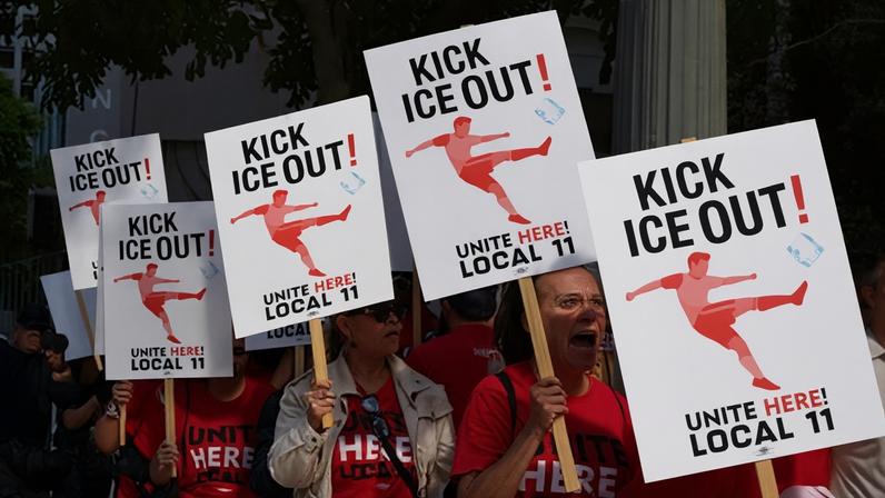 In Los Angeles, a labor union representing more than 2,000 hospitality workers at SoFi Stadium is threatening to strike if ICE agents do not stay away.