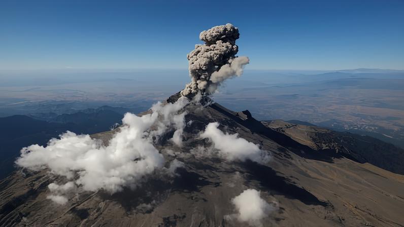 An aerial view of the Popocatépetl volcano spewing a column of smoke and ash high into the sky, on the outskirts of Puebla, Mexico, in 2023.