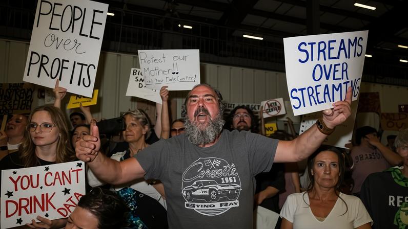 Petitioners react as the Box Elder county commission announces approval of a large datacenter on 4 May 2026 in Tremonton, Utah.
