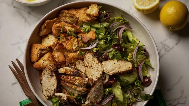 Georgina Hayden’s chicken souvlaki salad.