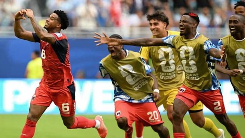 Kevin Pina celebrates after scoring Cape Verde's first World Cup goal in their Group H draw against Uruguay.