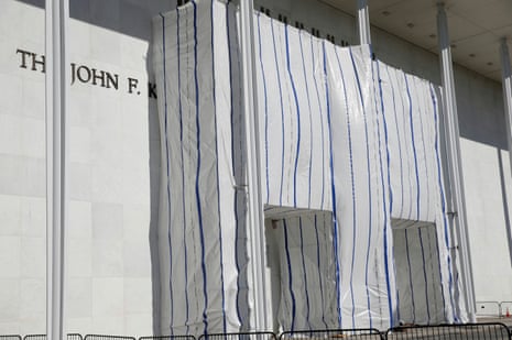 ‘The words Donald J Trump are reportedly gone, but the tarp remains in place.’