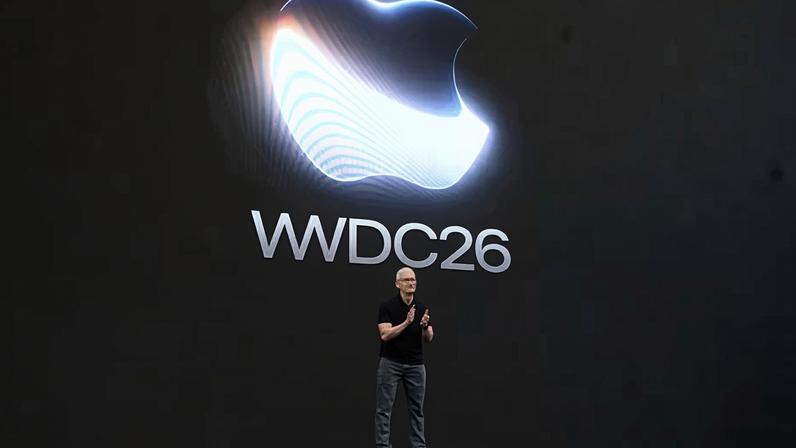 CEO Tim Cook stands on stage at the annual World Wide Developers Conference at Apple's headquarters in Cupertino, California, on 8 June 2026.
