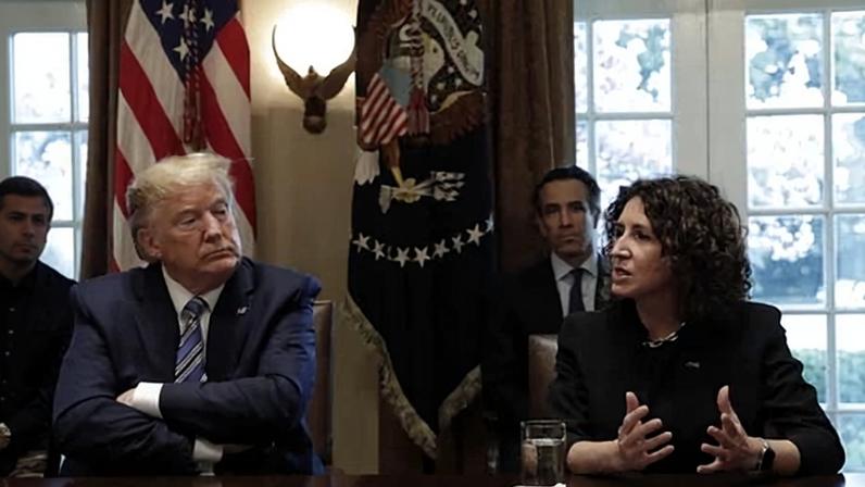 Two sides of the argument: President Trump, pushing to bring crypto into the mainstream, with Rebeca Rainey, ICBA boss, putting the case against it.