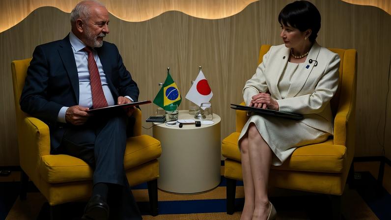 Presidente da República, Luiz Inácio Lula da Silva participa de reunião com a primeira-ministra do Japão, Sanae Takaichi, em Évian-les-Bains, na França — Foto: Ricardo Stuckert/PR