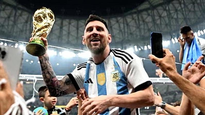 Argentina’s Lionel Messi celebrating after winning the 2022 World Cup in Qatar.