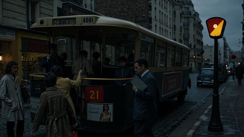 Passengers board a vintage bus numbered 21 on a cobbled street