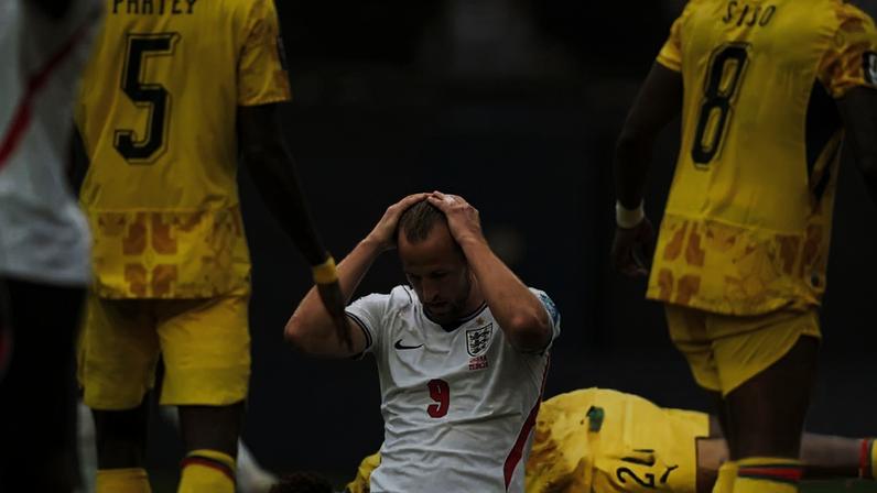 Harry Kane reacts after shooting wide on a frustrating evening for England in Boston. Photograph: Petr David Josek/AP
