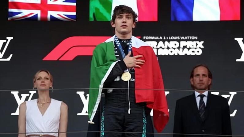 Kimi Antonelli on the podium after winning the Monaco Grand Prix