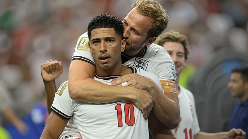 Jude Bellingham with Harry Kane after scoring England’s third goal against Croatia.