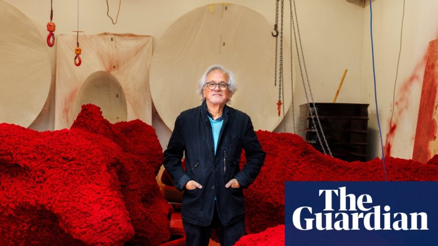 Anish Kapoor at his south London studio with his new piece Ha Makom. Photograph: Manuel Vazquez/The Guardian