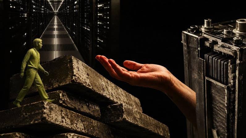 Ilustração em colagem que combina um corredor de data center, blocos de ferro empilhados e uma bateria industrial. No centro, uma mão aberta parece conectar os elementos por meio de linhas brancas que atravessam a imagem. Uma silhueta humana caminha sobre os blocos de ferro.
